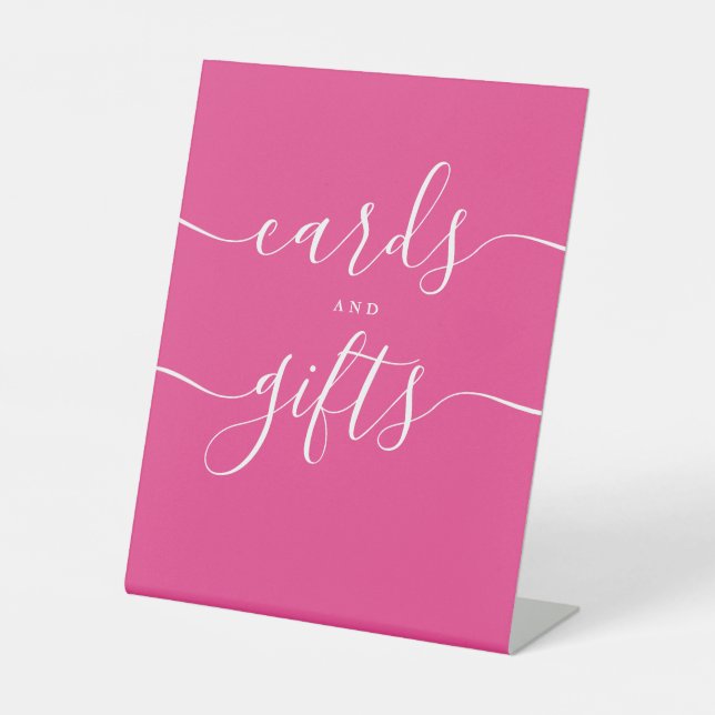 Modern Hot Pink Script Cards And Gifts Pedestal Sign (Front)