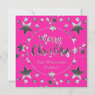 Modern Hot Pink Silver Script Star Merry Christmas