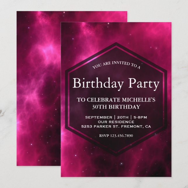 Modern Hot Pink Space Galaxy Birthday Party Invitation (Front/Back)