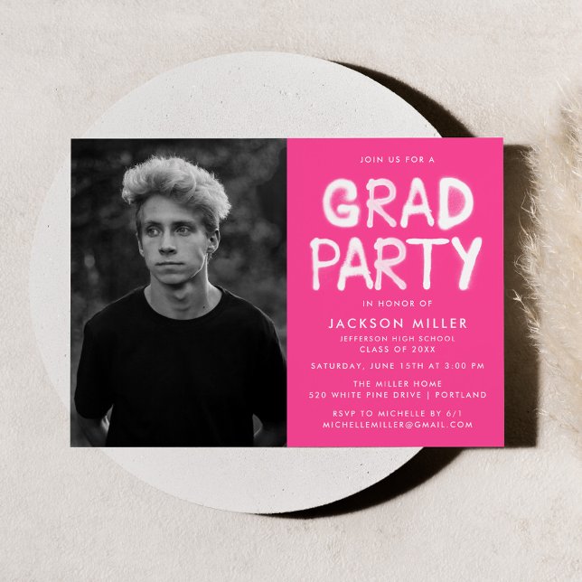 Modern Hot Pink Spray Paint Photo Graduation Party Invitation (Creator Uploaded)