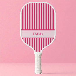 Modern Hot Pink Striped Cute Girly Preppy Name Pickleball Paddle