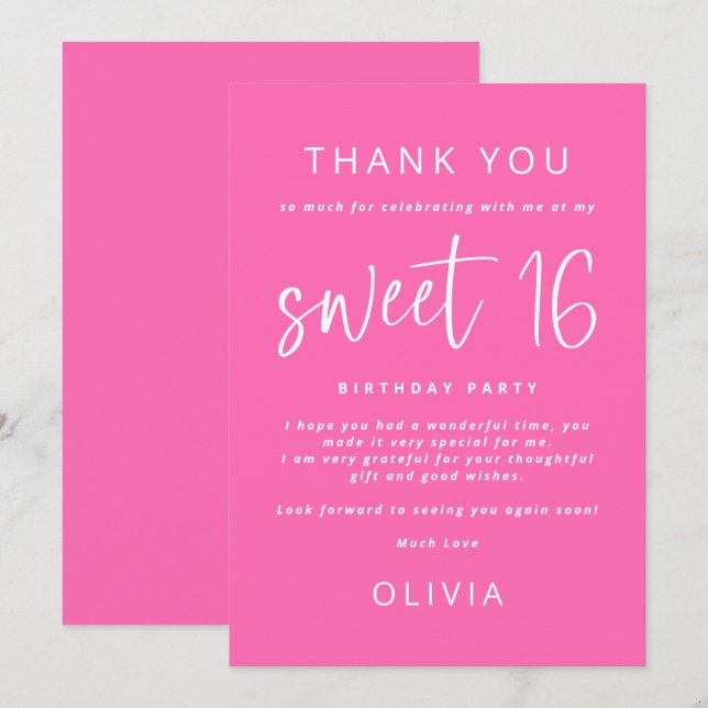 Modern Hot Pink Sweet 16 Birthday Party Thank You Card (Front/Back)