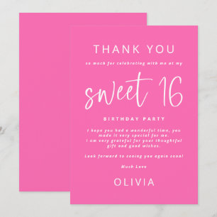 Modern Hot Pink Sweet 16 Birthday Party Thank You Card