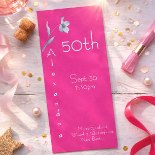 Modern Hot Pink Vertical Floral 50th Birthday Invitation