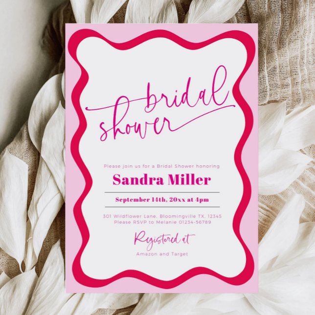 Modern Hot Pink Wavy Border Colourful Bridal Showe Invitation (Hot pink wavy border bridal shower invitation)
