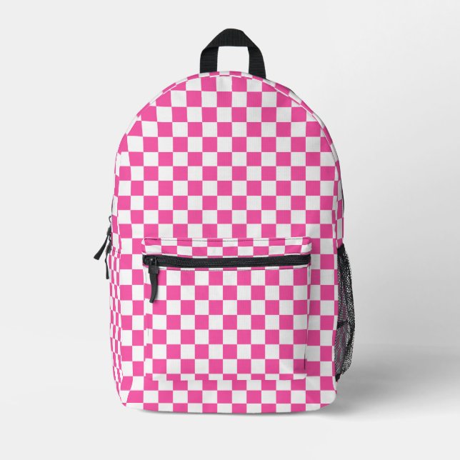 Modern Hot Pink White Chequered   Printed Backpack (Front)