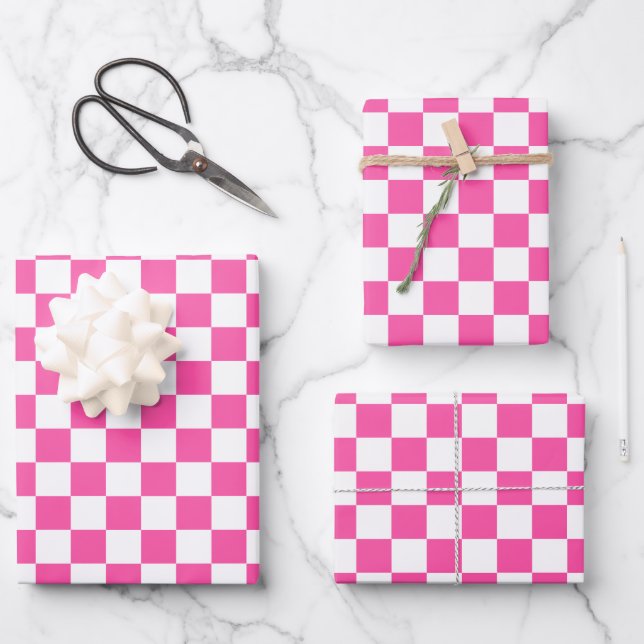 Modern Hot Pink White Chequered   Wrapping Paper Sheet (Front)