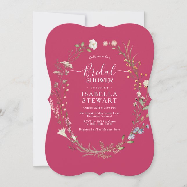 Modern Hot Pink Wildflower Elegant Bridal Shower Invitation (Front)