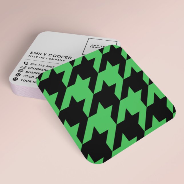 Modern Houndstooth Add Logo Black and Green Square Business Card (Creator Uploaded)