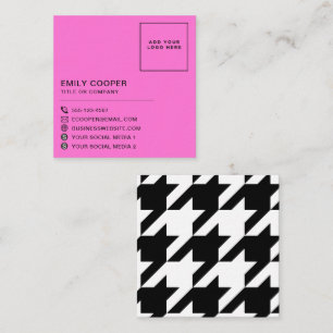 Modern Houndstooth Add Logo Black White Neon Pink Square Business Card