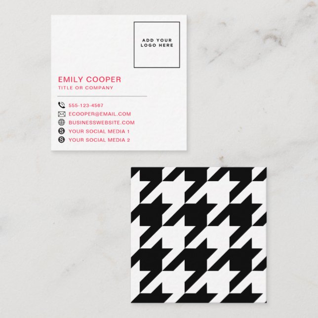Modern Houndstooth Add Logo Black White Square Business Card (Front/Back)