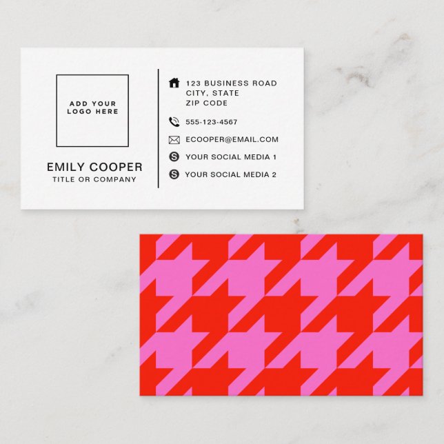 Modern Houndstooth Add Logo Neon Pink and Red Business Card (Front/Back)