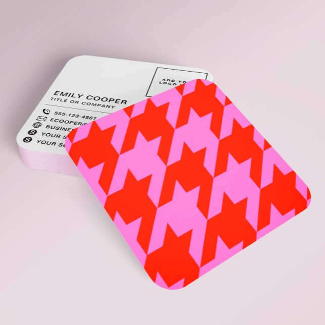 Modern Houndstooth Add Logo Neon Pink and Red Square Business Card (Creator Uploaded)