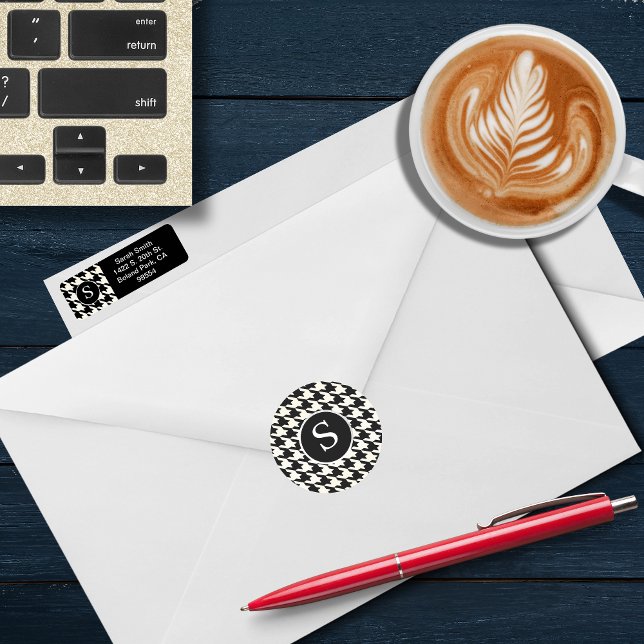 Modern Houndstooth Black & White Monogram Classic Round Sticker (Creator Uploaded)