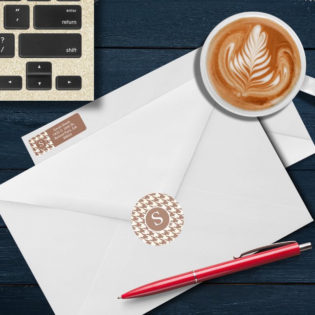 Modern Houndstooth Mocha Mousse & White Monogram Classic Round Sticker (Creator Uploaded)