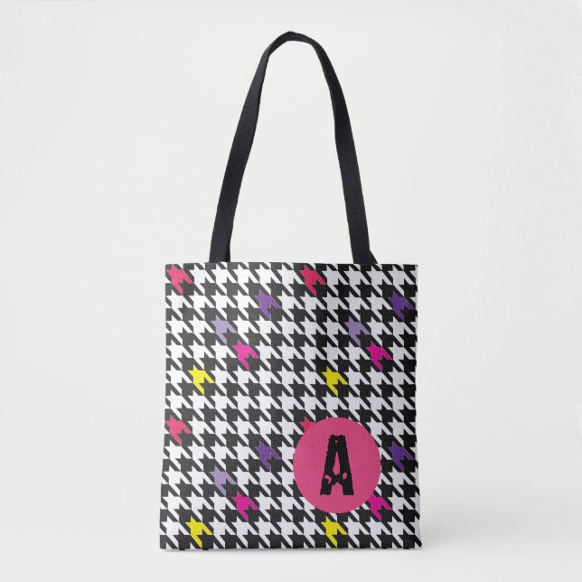 Modern Houndstooth Pattern Monogram Tote Bag (Front)