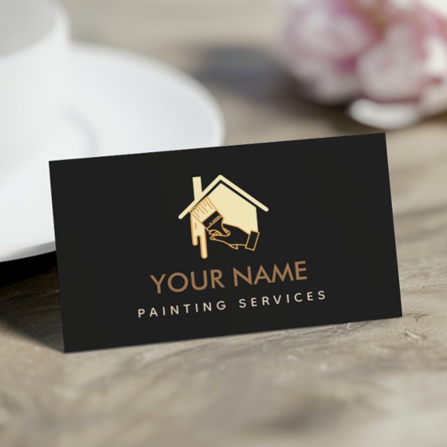 Modern House Brush Painting Neutral Cream & Black Business Card (Creator Uploaded)