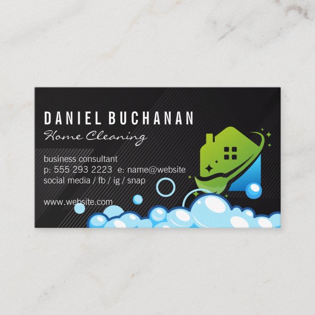 Modern House Cleaning Broom Logo | Soap Bubbles Business Card (Front)