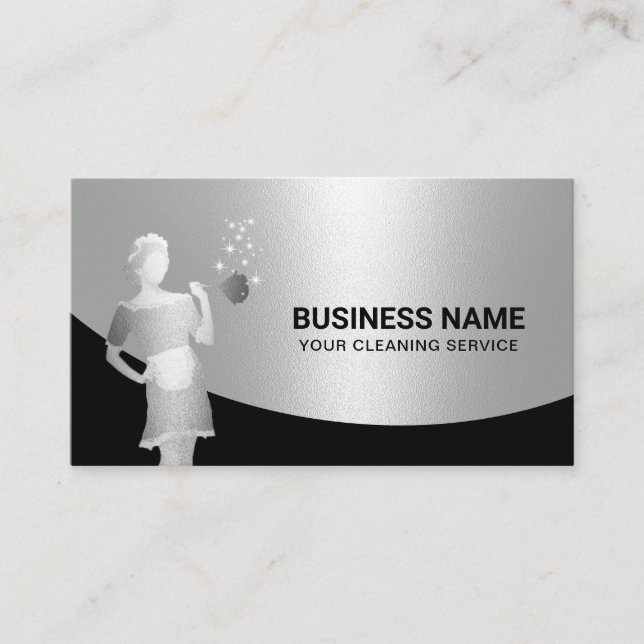 Modern House Cleaning Maid Service Elegant Silver Business Card (Front)