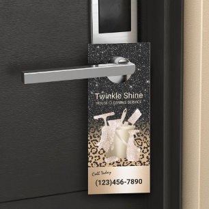 Modern House Cleaning Service Black & Gold Leopard Door Hanger