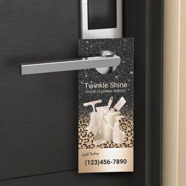 Modern House Cleaning Service Black & Gold Leopard Door Hanger (Creator Uploaded)