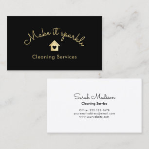 Modern House Cleaning Service Gold Sparkle Black Business Card