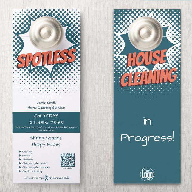 Modern House Cleaning Service Promotional Custom  Door Hanger (Modern House Cleaning Service Promotional Custom Door Hanger - Spotless Burst Design, Blue White)