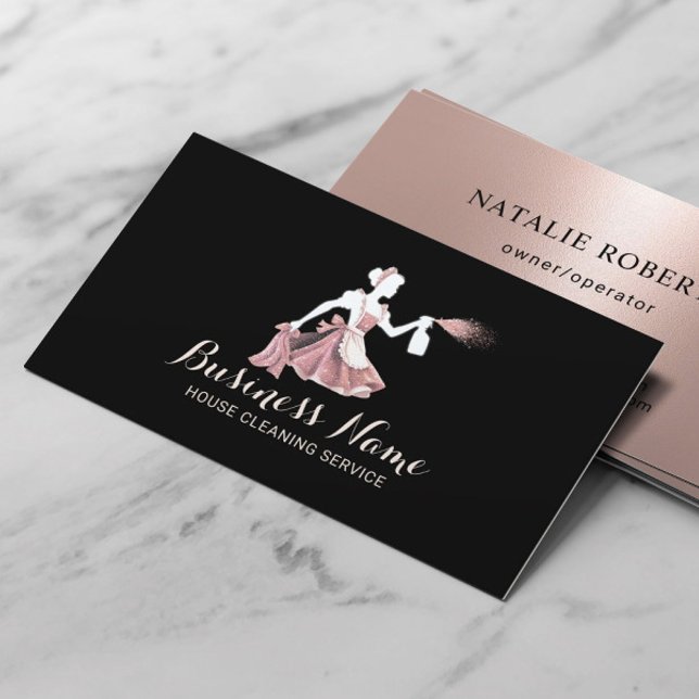 Modern House Cleaning Service Rose Gold & Black Business Card (Creator Uploaded)