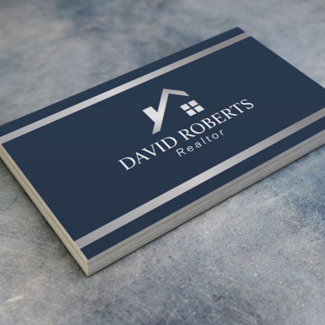Modern House Logo Real Estate Realtor Navy Silver Business Card (Creator Uploaded)