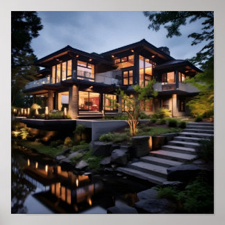 Modern House with Water Feature Poster