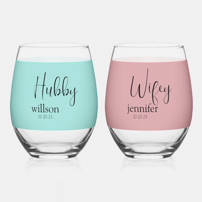 Modern Hubby and Wifey in Stunning Stemless Stemless Wine Glass (Back)