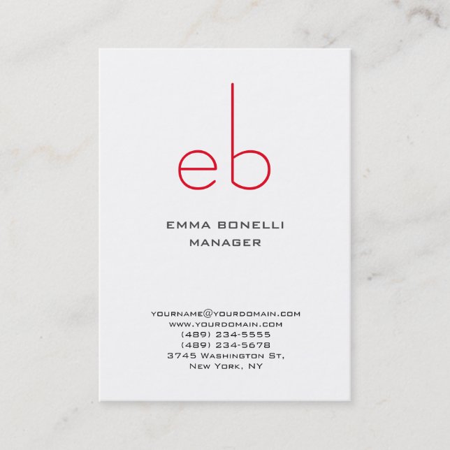 Modern huge red monogram white background business card (Front)