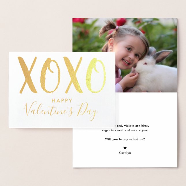 Modern Hugs & Kisses (XOXO) Photo Valentine's Day Foil Card (Display)