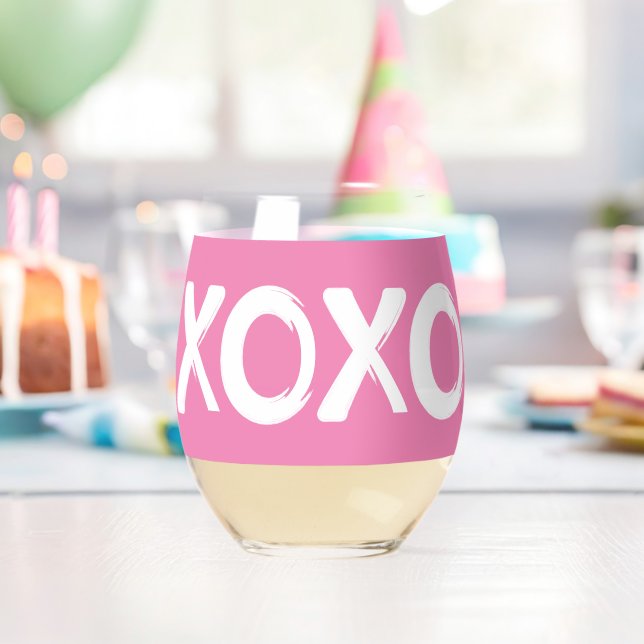 Modern Hugs & Kisses (XOXO) Valentine's Day  Stemless Wine Glass (Insitu (Birthday))