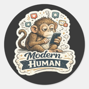 Modern Human Funny Monkey Smartphone Social Media  Classic Round Sticker