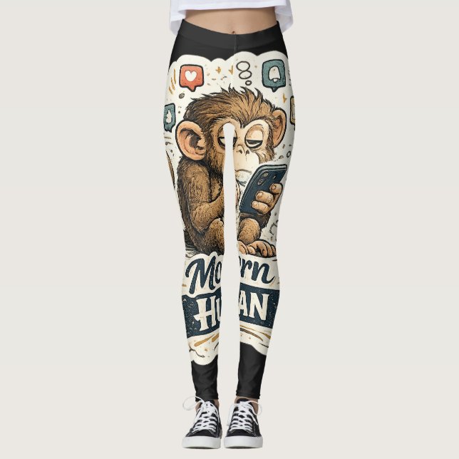 Modern Human Funny Monkey Smartphone Social Media  Leggings (Front)