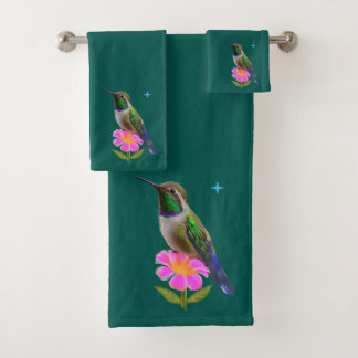 Modern Hummingbird and Flower on Blue Green Bath Towel Set