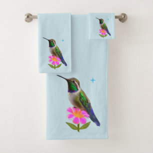 Modern Hummingbird and Flower on Light Blue Bath Towel Set