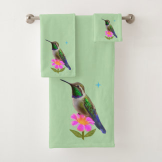 Modern Hummingbird and Flower on Light Sage Green Bath Towel Set
