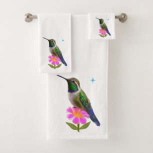 Modern Hummingbird and Flower on White Bath Towel Set