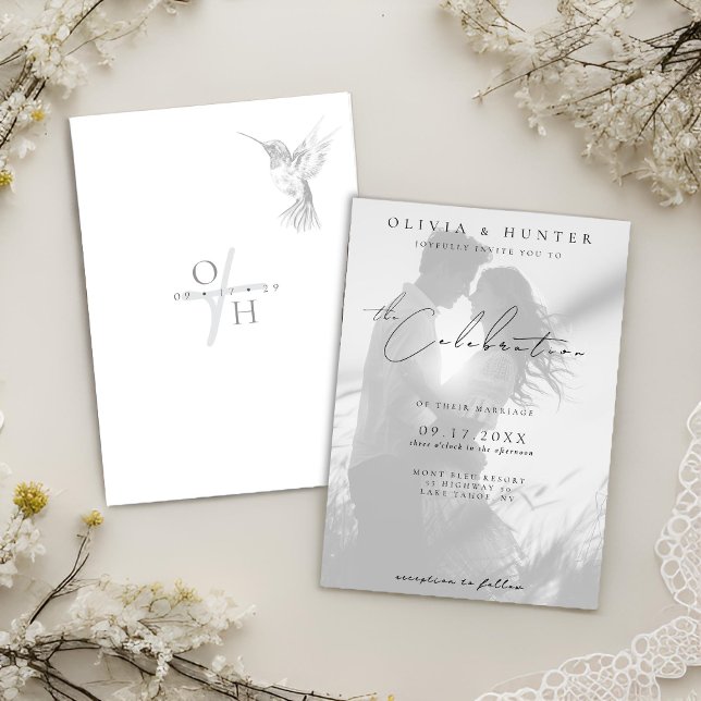 Modern Hummingbird Black and White Photo Wedding  Invitation (Creator Uploaded)