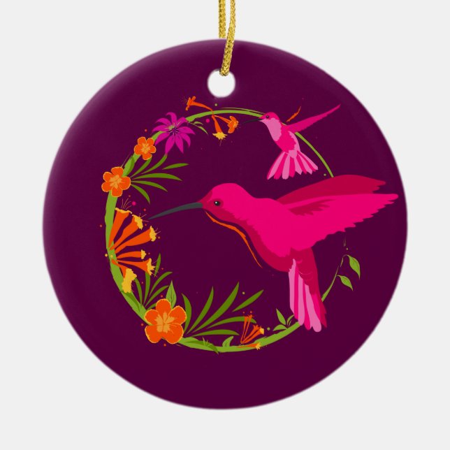 Modern Hummingbirds Pink Purple Personalised Ceramic Tree Decoration (Front)