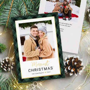 Modern Hunter Green Buffalo Plaid Christmas Photo Foil Holiday Card