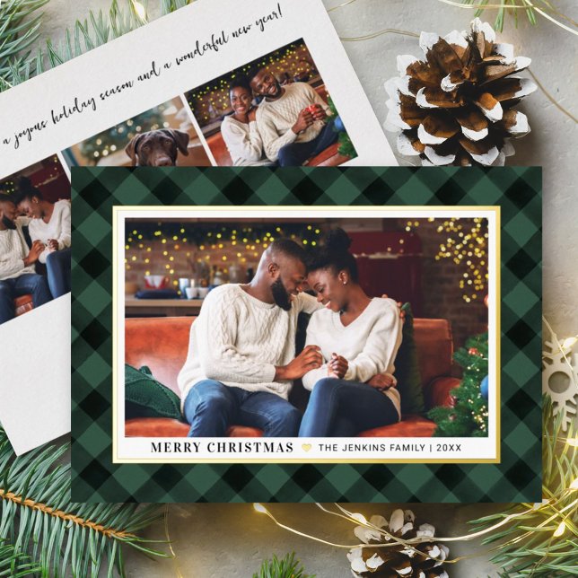 Modern Hunter Green Buffalo Plaid Christmas Photo Foil Holiday Card (Creator Uploaded)