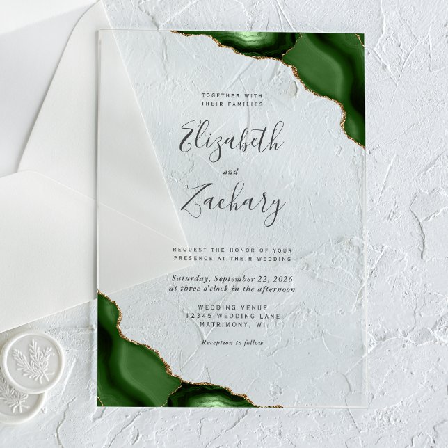 Modern Hunter Green Gold Agate Corners Wedding Acrylic Invitations (Creator Uploaded)