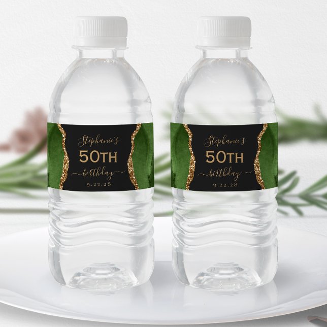 Modern Hunter Green Gold Agate Dark 50th Birthday Water Bottle Label (Creator Uploaded)