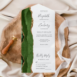 Modern Hunter Green Gold Agate Wedding All In One Invitation