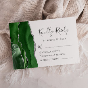Modern Hunter Green Silver Agate Wedding RSVP Card