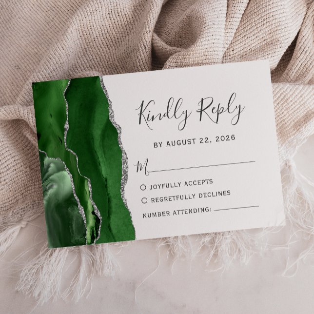 Modern Hunter Green Silver Agate Wedding RSVP Card (Creator Uploaded)