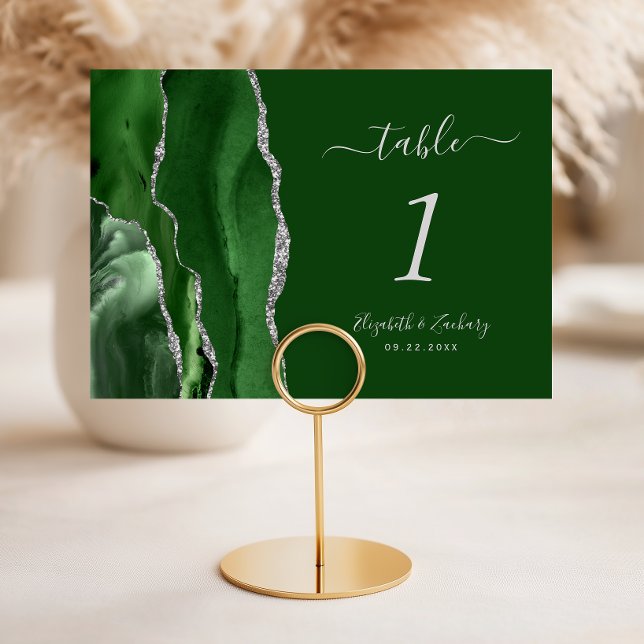 Modern Hunter Green Silver Agate Wedding Table Number (Creator Uploaded)